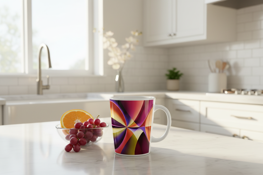 Story of Colour Latte Mug lifestyle – white ceramic latte mug on marble kitchen bench in bright modern kitchen.