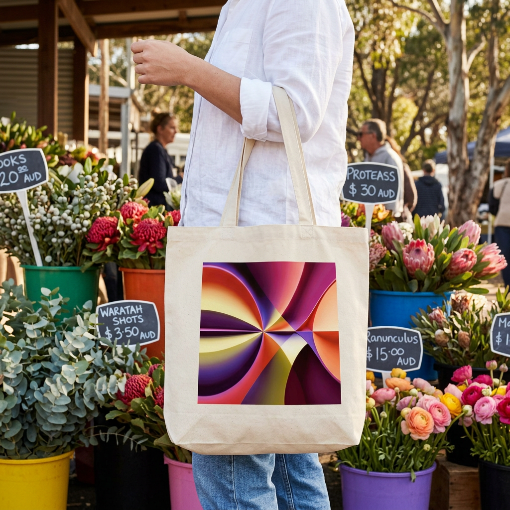 Person carrying the Story of Colour cream tote bag with colourful geometric artwork at an outdoor flower market.