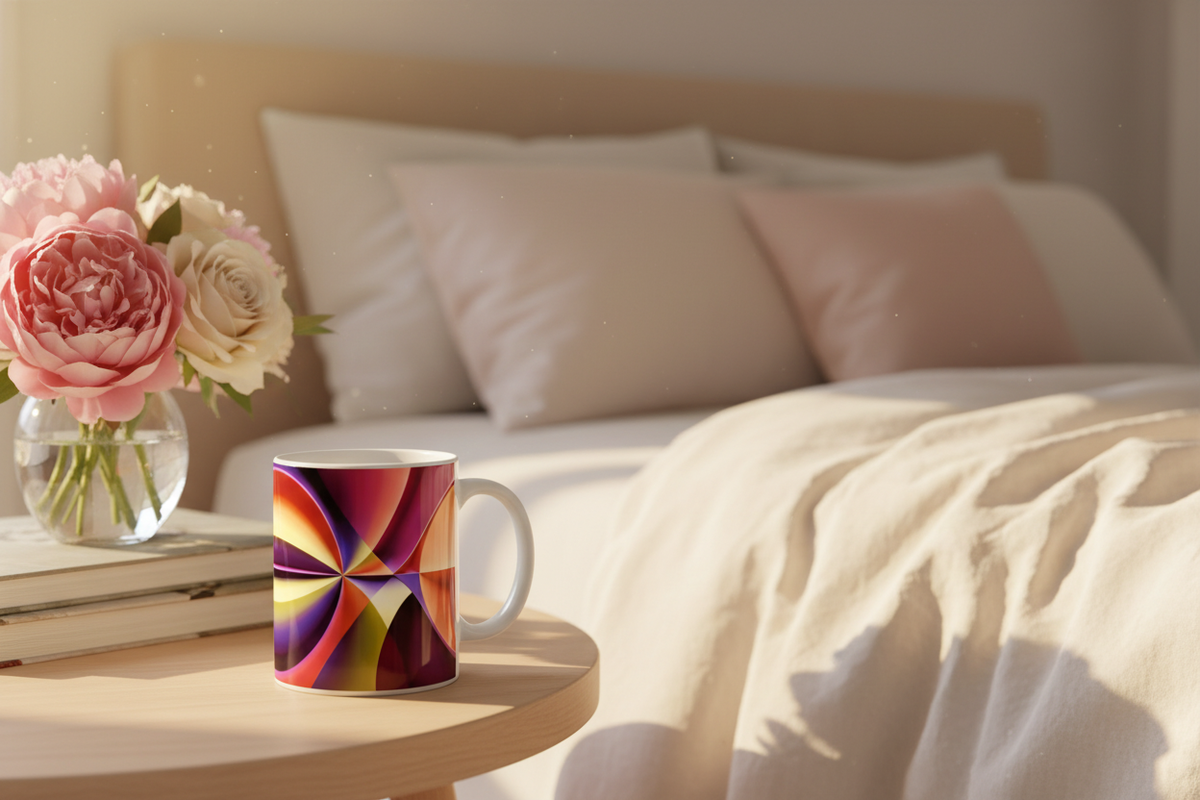 Story of Colour White Glossy Mug lifestyle – white ceramic mug on bedside table in cosy warm bedroom.