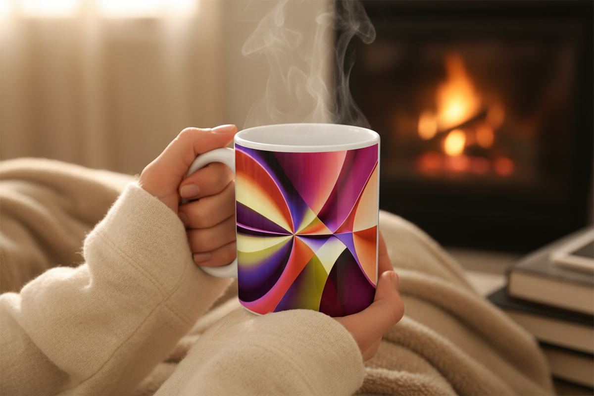 Story of Colour White Glossy Mug lifestyle – white ceramic mug held in hands in warm golden setting.