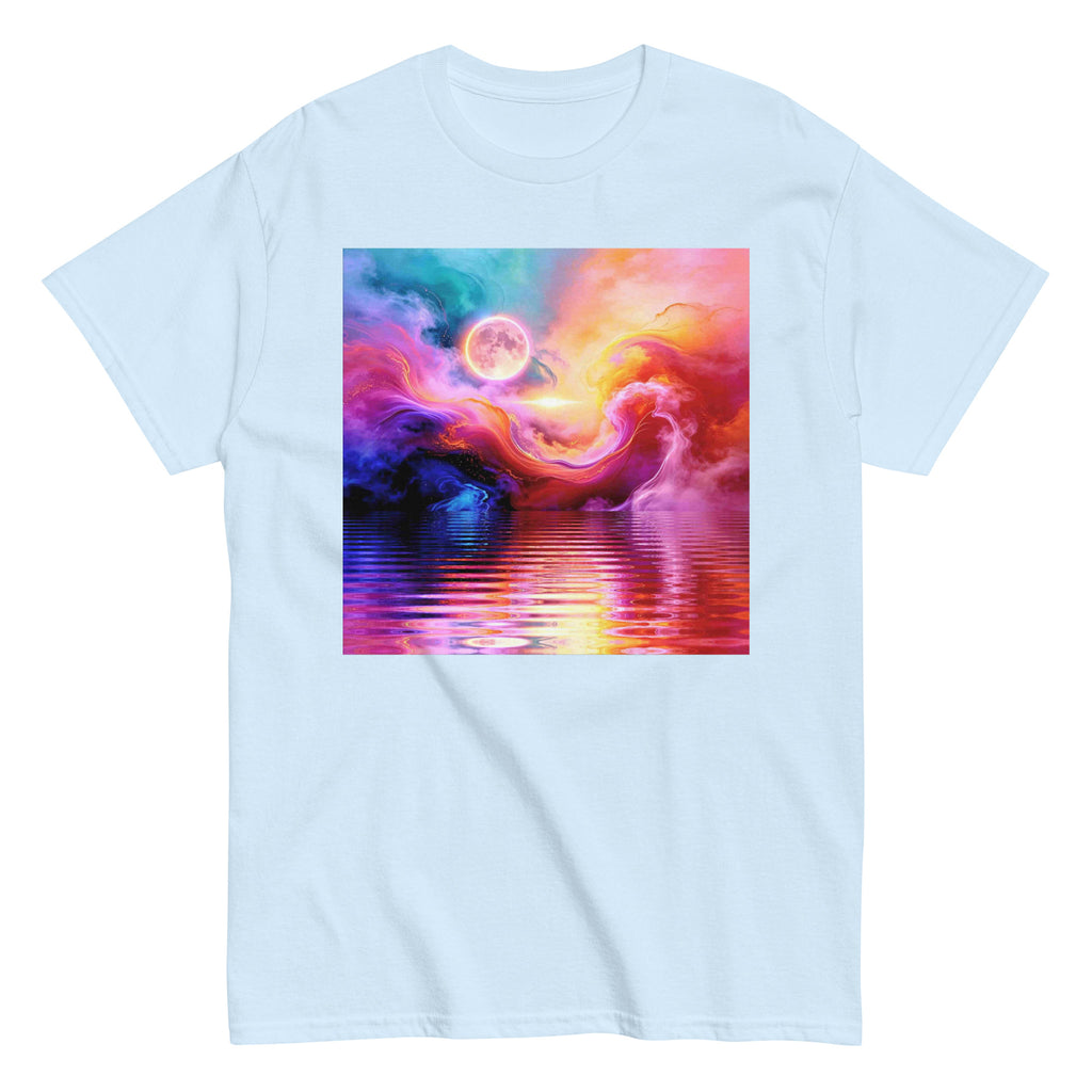 Cosmic Storm Unisex Tee in Light Blue — front view, abstract  Cosmic Storm art print.
