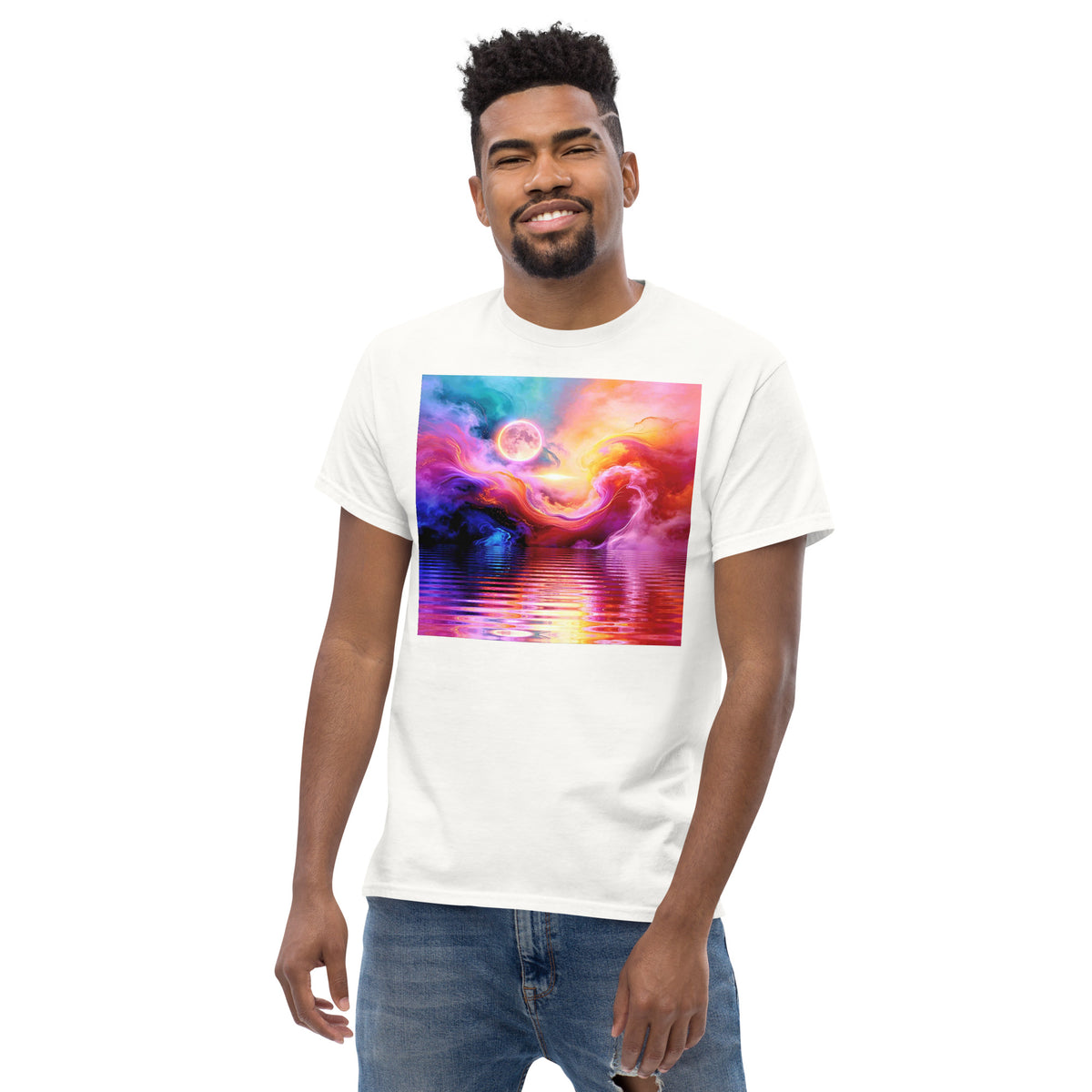 Cosmic Storm Unisex Tee in White — male lifestyle front view, abstract art print.