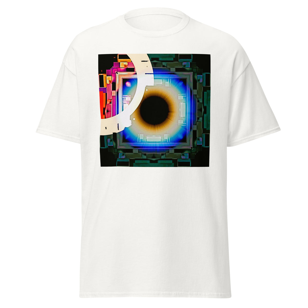 Cyber Eye Unisex Tee in White — abstract art print on premium cotton tee by Abstract Aura.