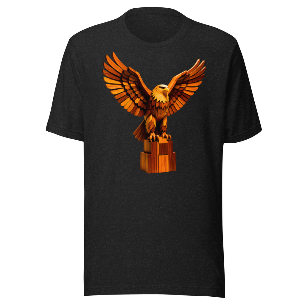 Respect Unisex T-Shirt in Black Heather with Golden Eagle sculpture print, wings spread wide, front view on white background.