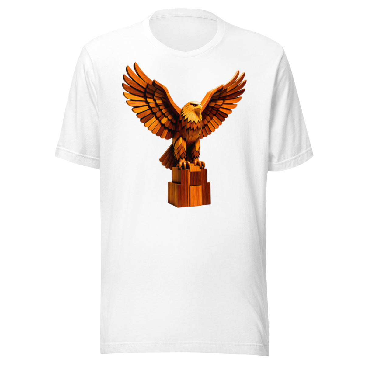 Respect Unisex T-Shirt in White with Golden Eagle sculpture print, wings spread wide, front view on white background.