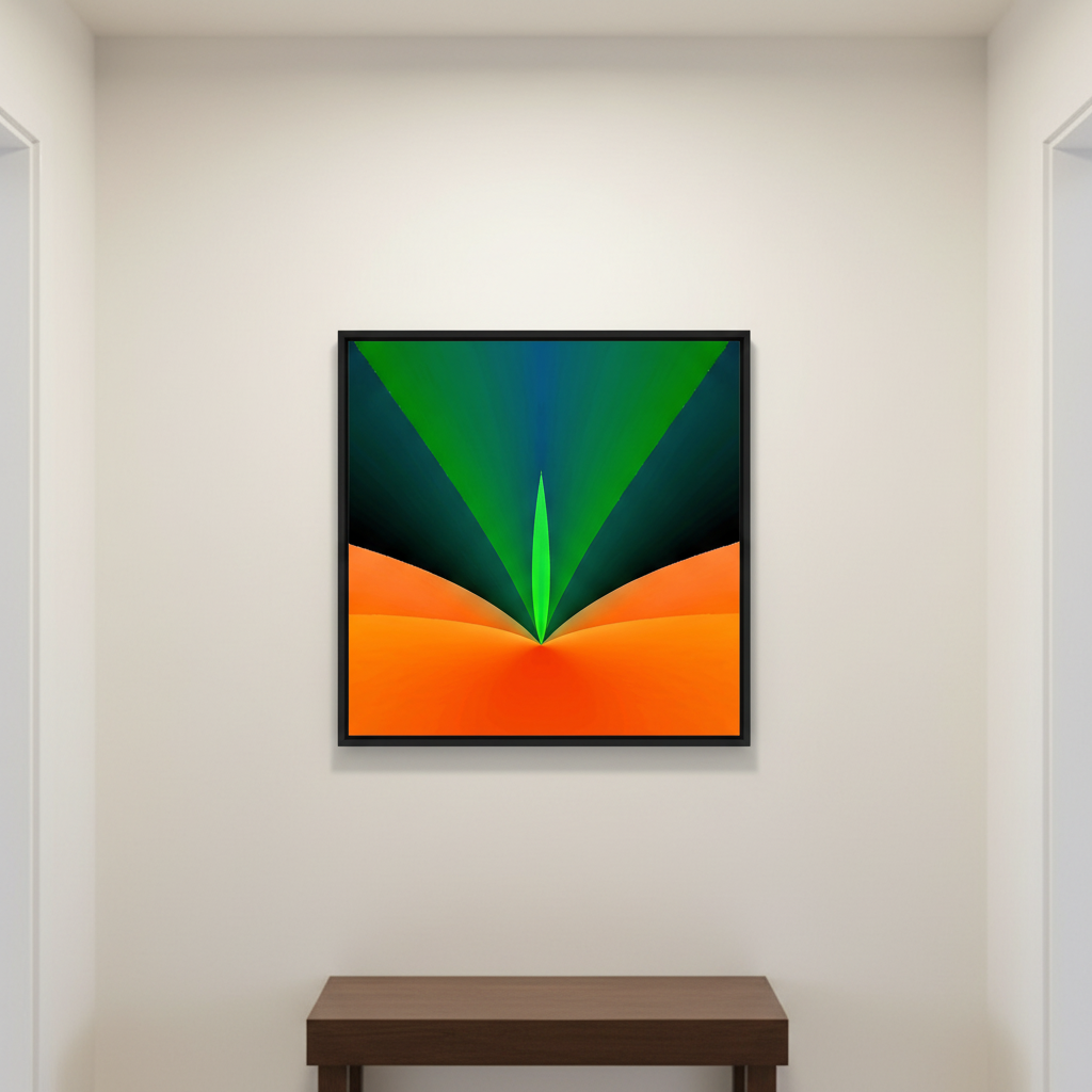 Verdant Flame Abstract Art Poster – framed in black, displayed on a white wall in a modern hallway entrance.