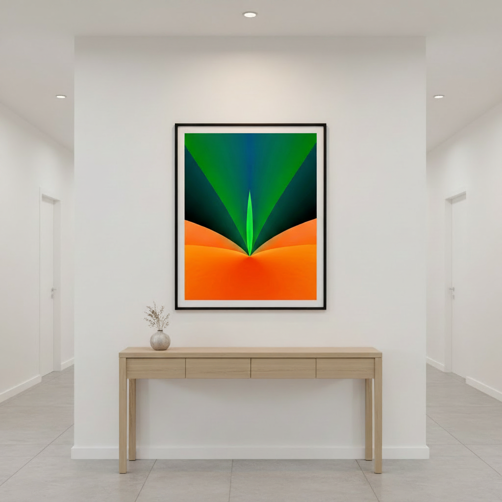 Verdant Flame abstract poster in a black frame with white matte above a timber console table in a bright minimalist hallway — bold green and orange geometric wall art by Abstract Aura.