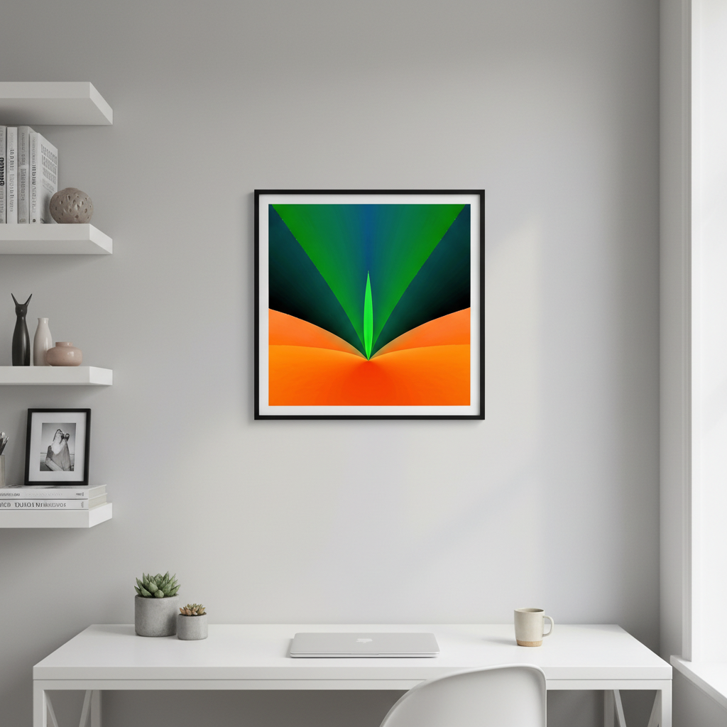 Verdant Flame square art Poster framed above a desk in a contemporary home office with natural light.