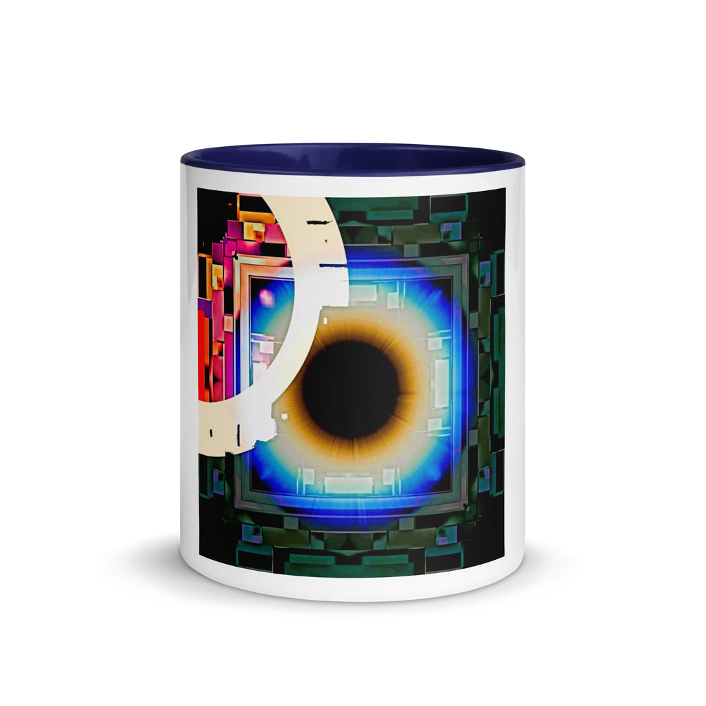 Cyber Eye Mug with Blue Color Inside – white ceramic mug with blue interior, front view, cyberpunk abstract art with electric-blue iris.