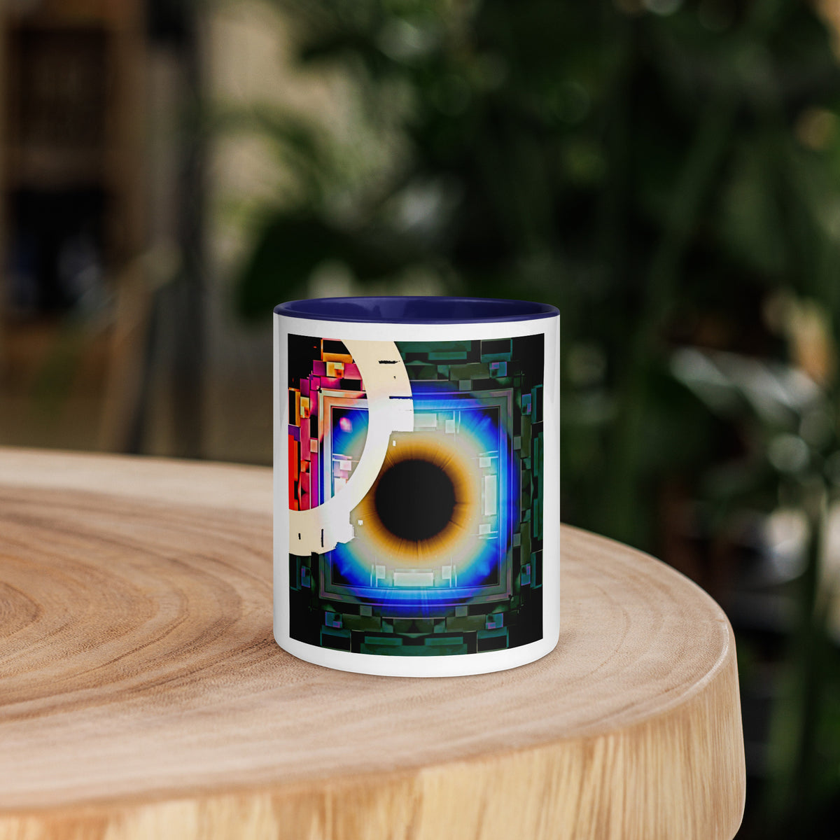 Cyber Eye Mug with Blue Color Inside lifestyle – white ceramic mug with blue interior, front view in styled setting, cyberpunk abstract art with electric-blue iris