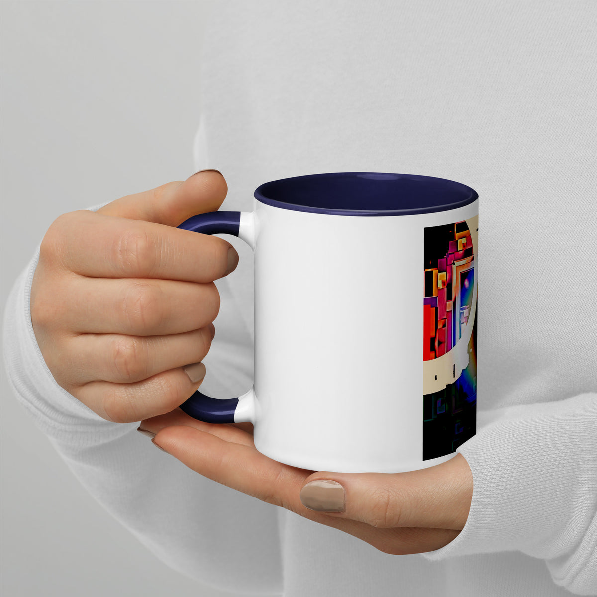 Cyber Eye Mug with Blue Color Inside – white ceramic mug with blue interior, left view, cyberpunk abstract art with electric-blue iris.