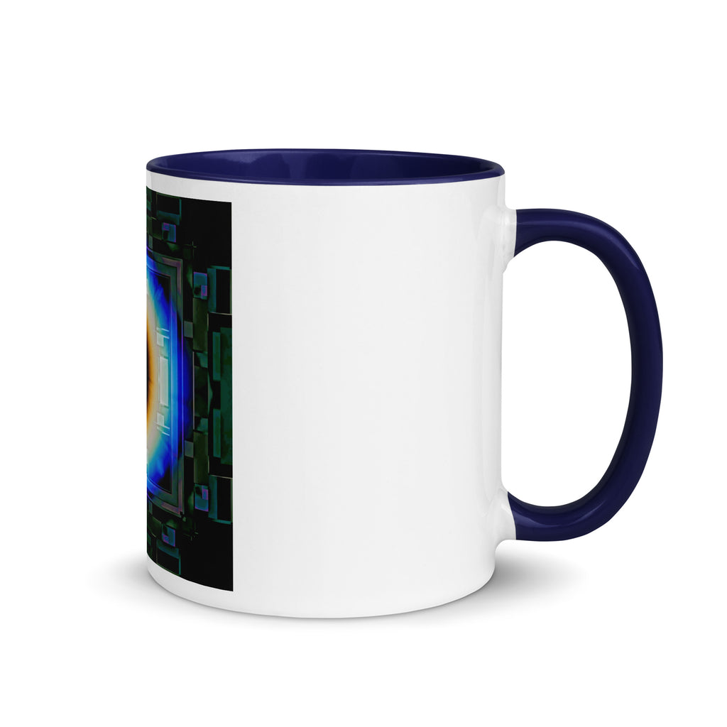 Cyber Eye Mug with Blue Color Inside – white ceramic mug with blue interior, right view, cyberpunk abstract art with electric-blue iris.