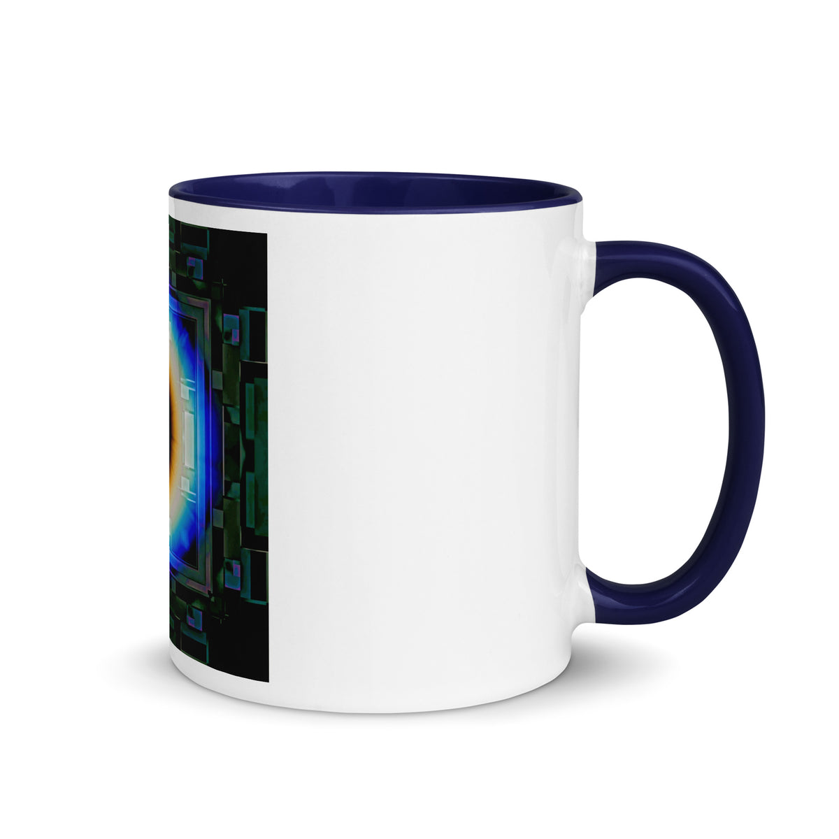 Cyber Eye Mug with Blue Color Inside – white ceramic mug with blue interior, right view, cyberpunk abstract art with electric-blue iris.