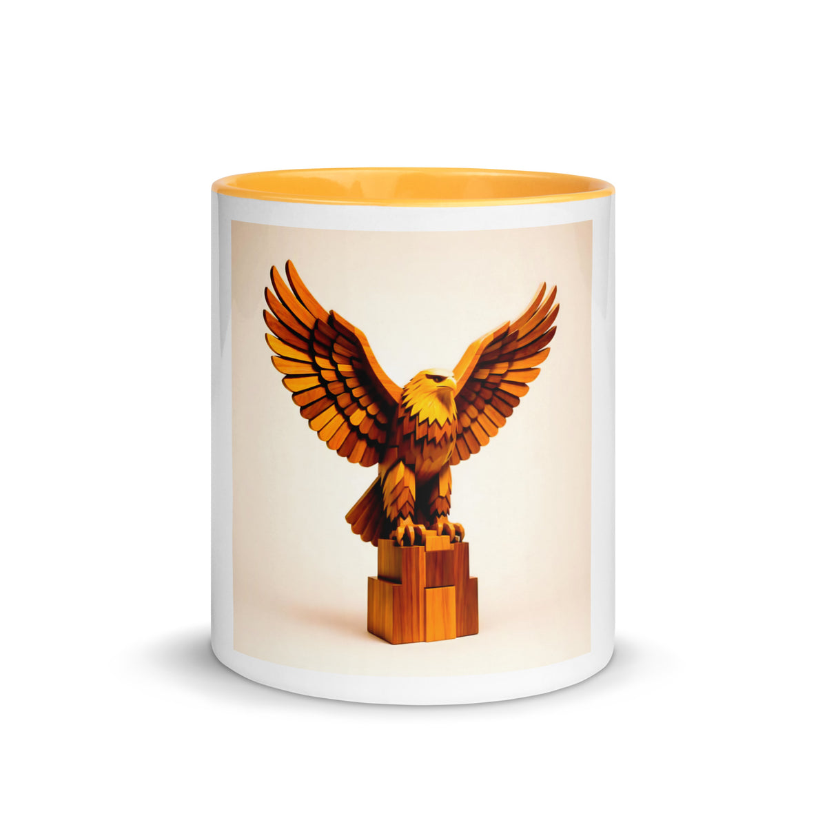 Respect Mug with Colour Inside – white ceramic mug with golden yellow interior, front view, bold golden eagle art.
