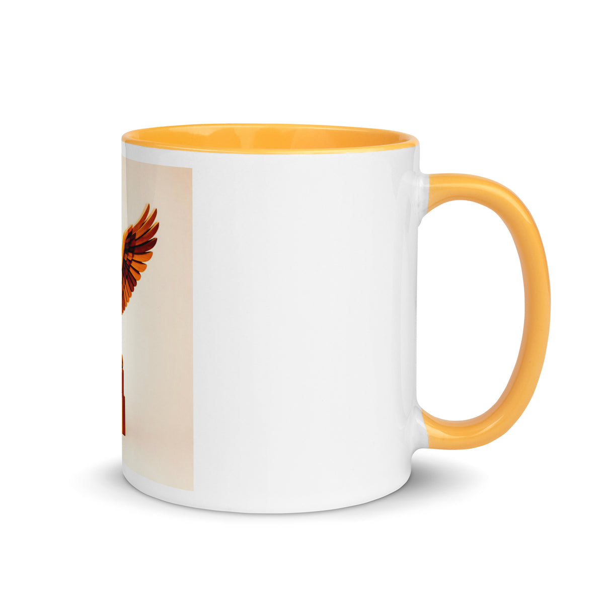 Respect Mug with Colour Inside – white ceramic mug with golden yellow interior, right view, bold golden eagle art.