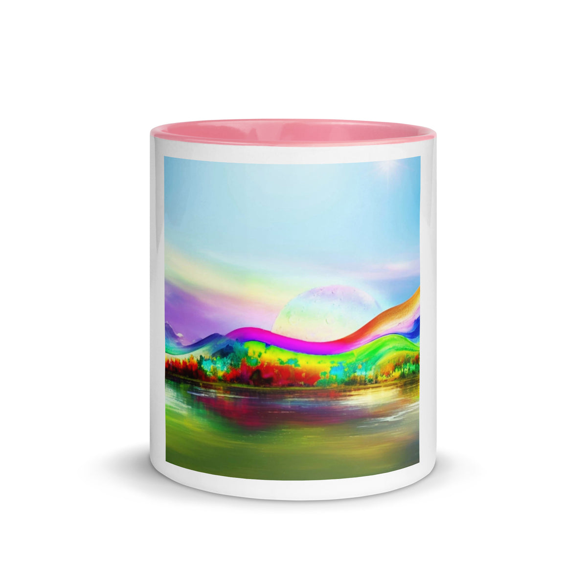 Dream Scape Mug – white ceramic mug with pink inside, front view, abstract rainbow landscape print.