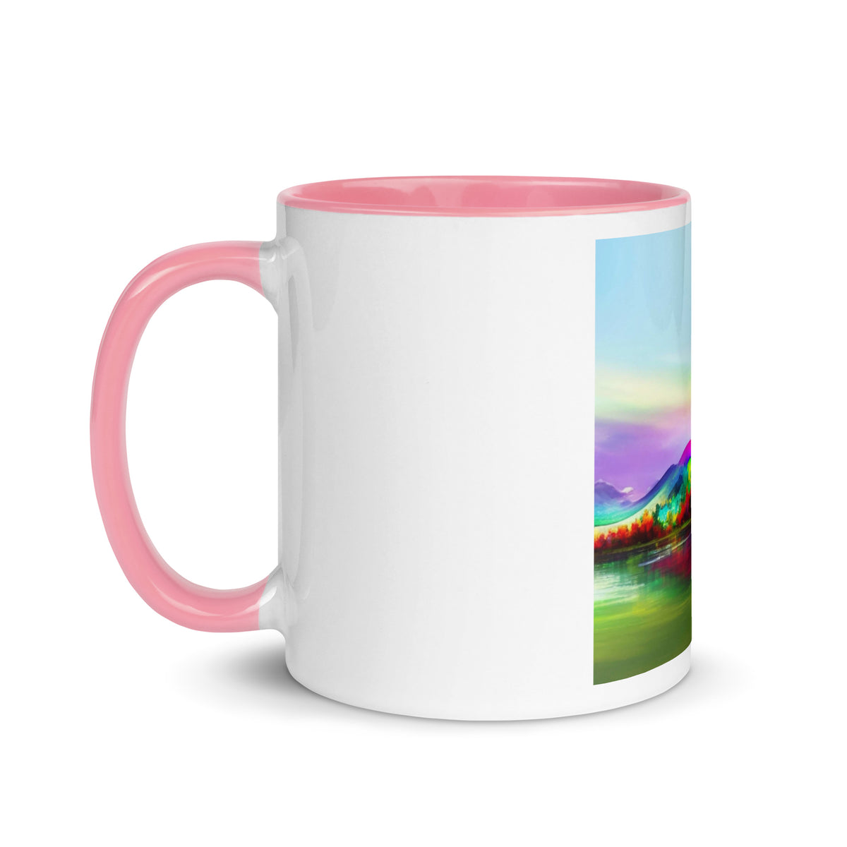 Dream Scape Mug – white ceramic mug with pink inside, left view, abstract rainbow landscape print.