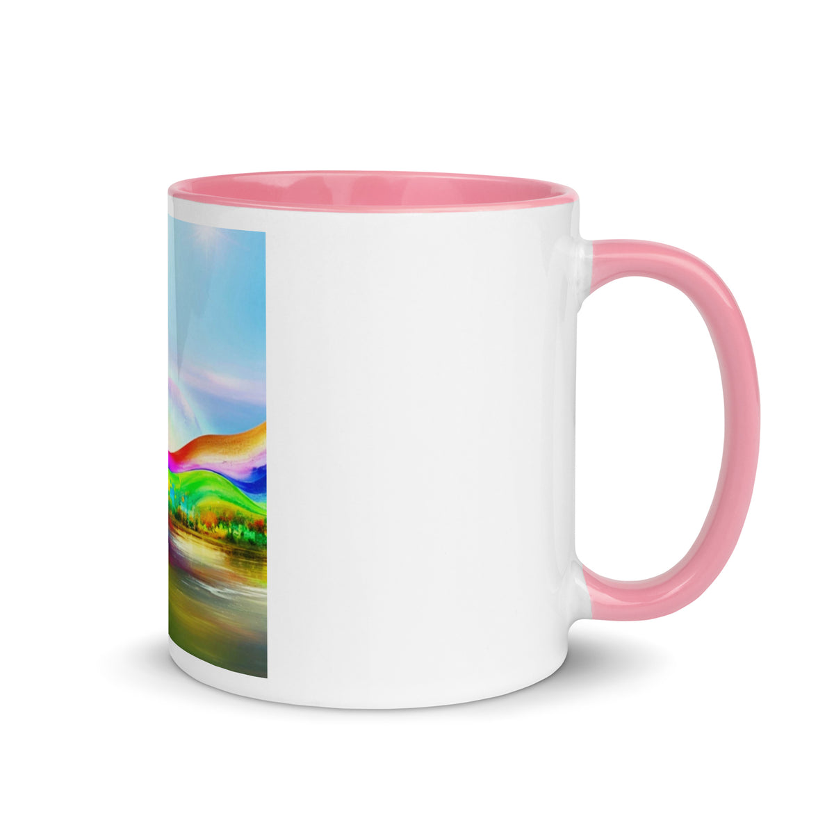 Dream Scape Mug – white ceramic mug with pink inside, right view, abstract rainbow landscape print.