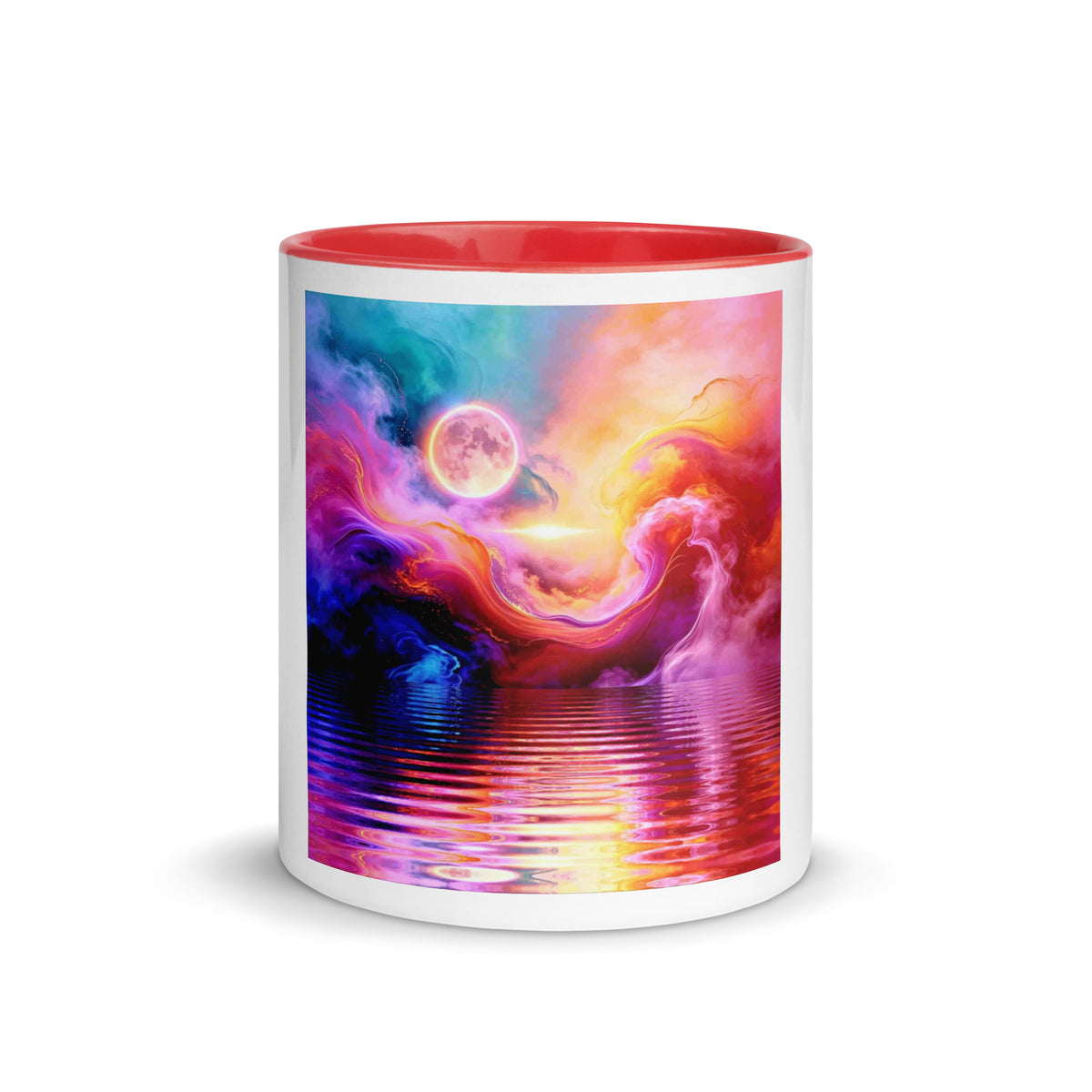 Cosmic Storm Mug – white ceramic mug with red inside, front view, psychedelic abstract art in purple, magenta and blue.