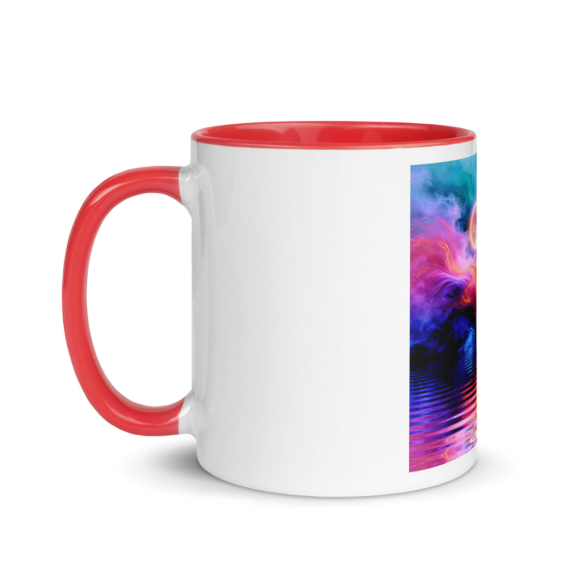 Cosmic Storm Mug – white ceramic mug with red inside, left view, psychedelic abstract art in purple, magenta and blue.