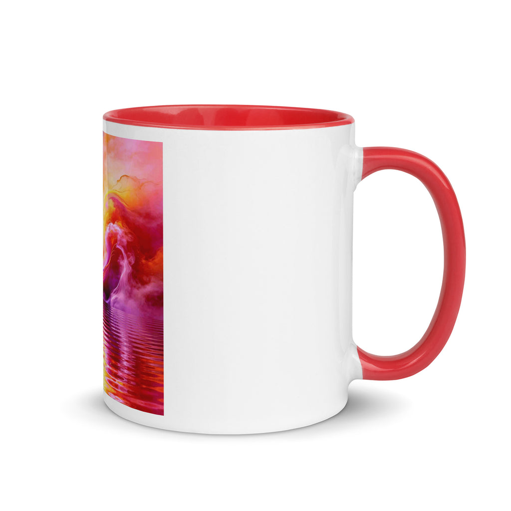 Cosmic Storm Mug – white ceramic mug with red inside, right view, psychedelic abstract art in purple, magenta and blue.