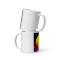 Solar Lotus White Glossy Mug – white ceramic mug, handle right and left views stacked, psychedelic abstract art in yellow, orange, red and blue.