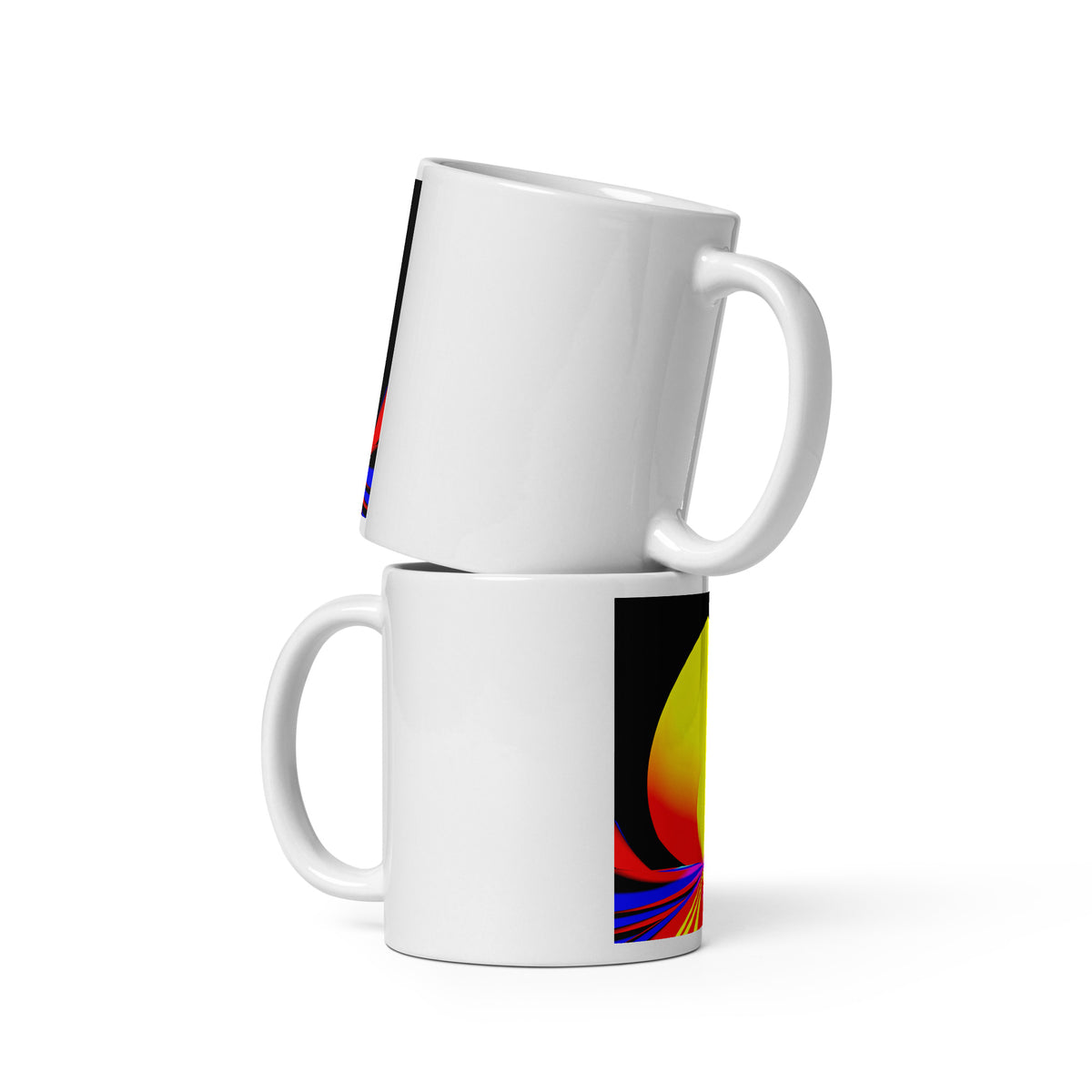 Solar Lotus White Glossy Mug – white ceramic mug, handle right and left views stacked, psychedelic abstract art in yellow, orange, red and blue.