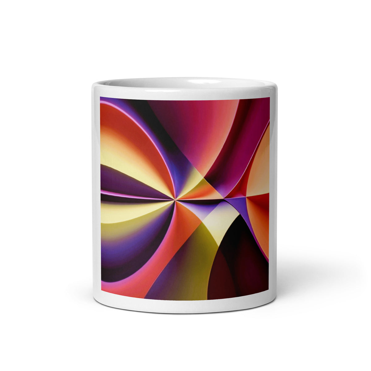Story of Colour White Glossy Mug – white ceramic mug, front view, swirling abstract art in magenta, purple and orange.