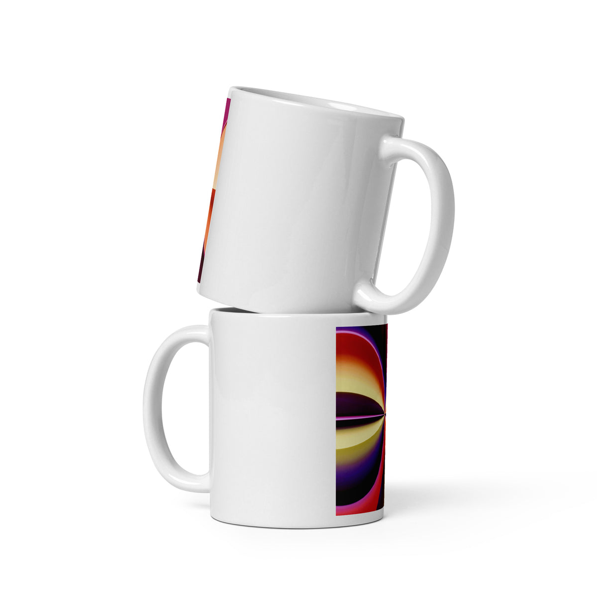 Story of Colour White Glossy Mug – white ceramic mug, side view, swirling abstract art in magenta, purple and orange.
