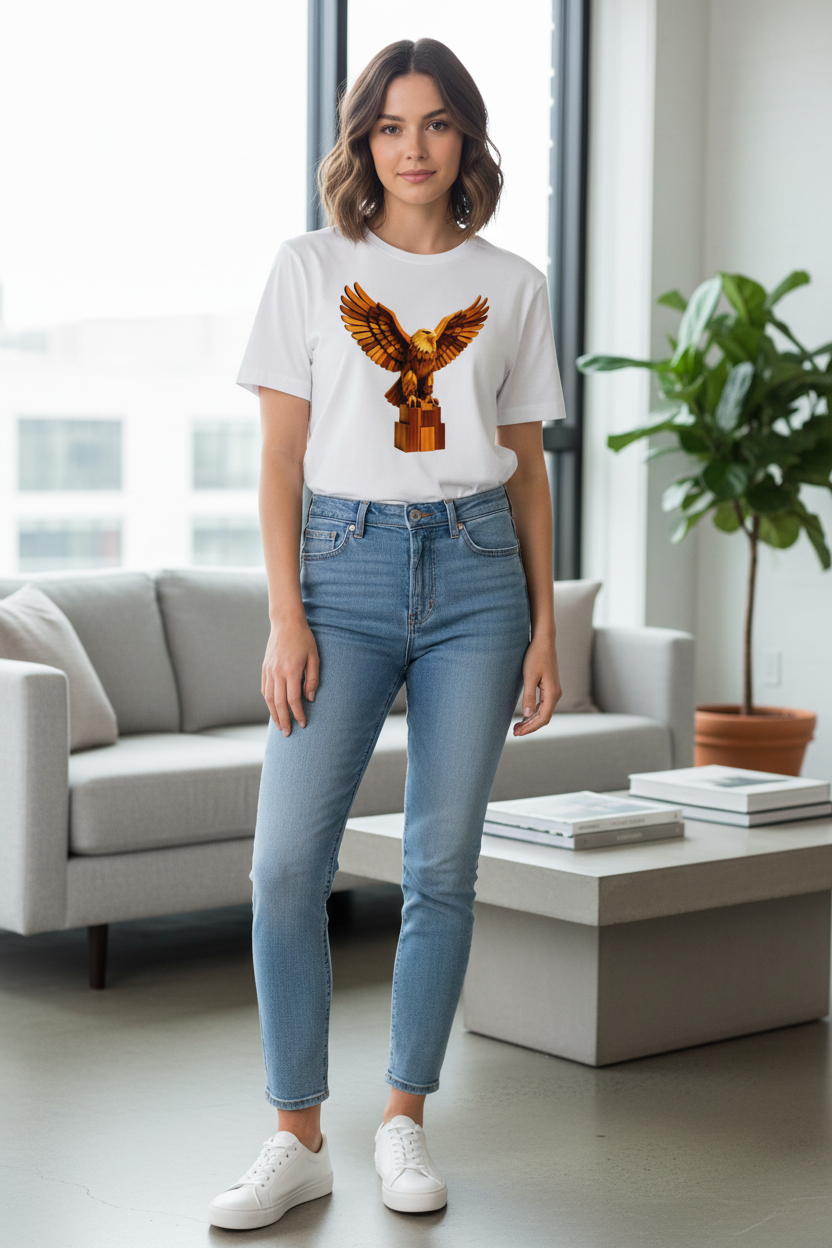 Woman wearing Respect Unisex T-Shirt in White with Golden Eagle print, styled with jeans in a modern minimalist interior.
